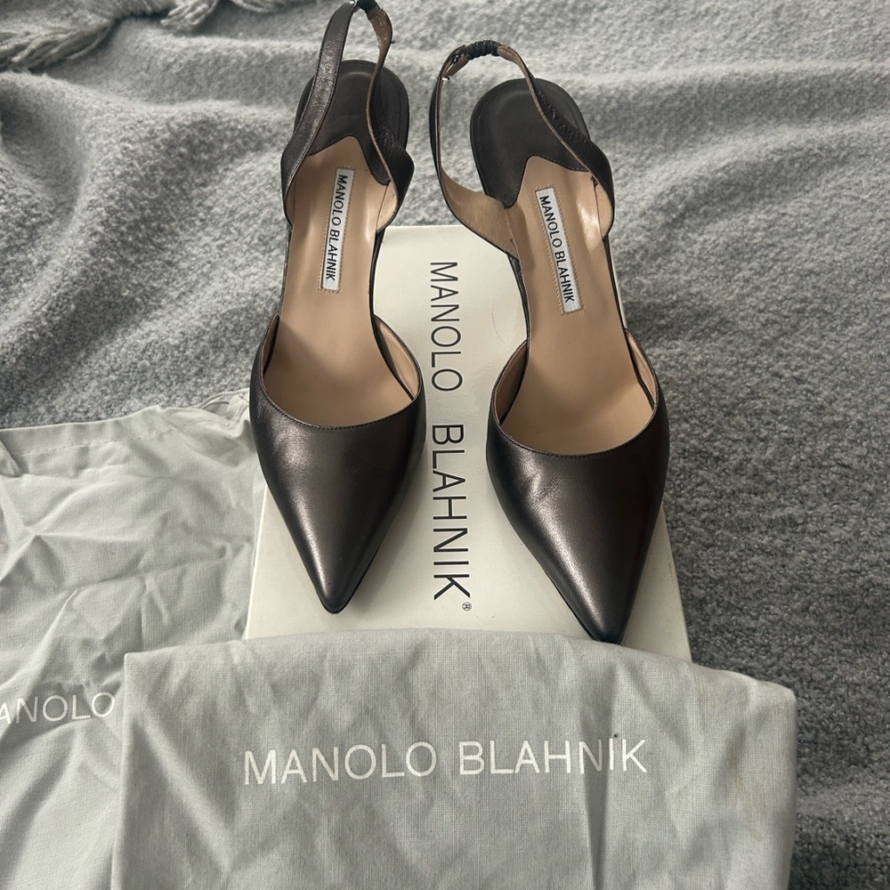 Manolo Blahnik Dark Leather Slingback Heels